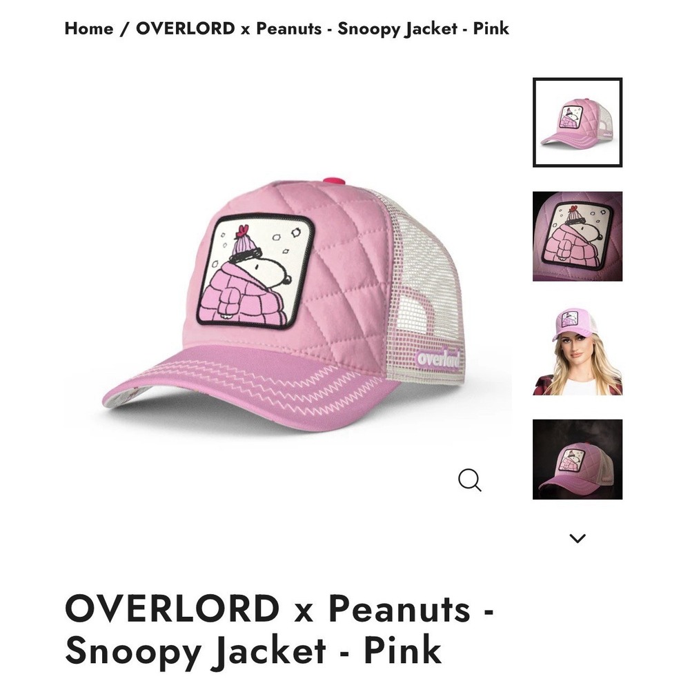 NIB Overlord Peanuts Trucker Hat Snoopy Puffer Jacket Pink SnapBack OSFA